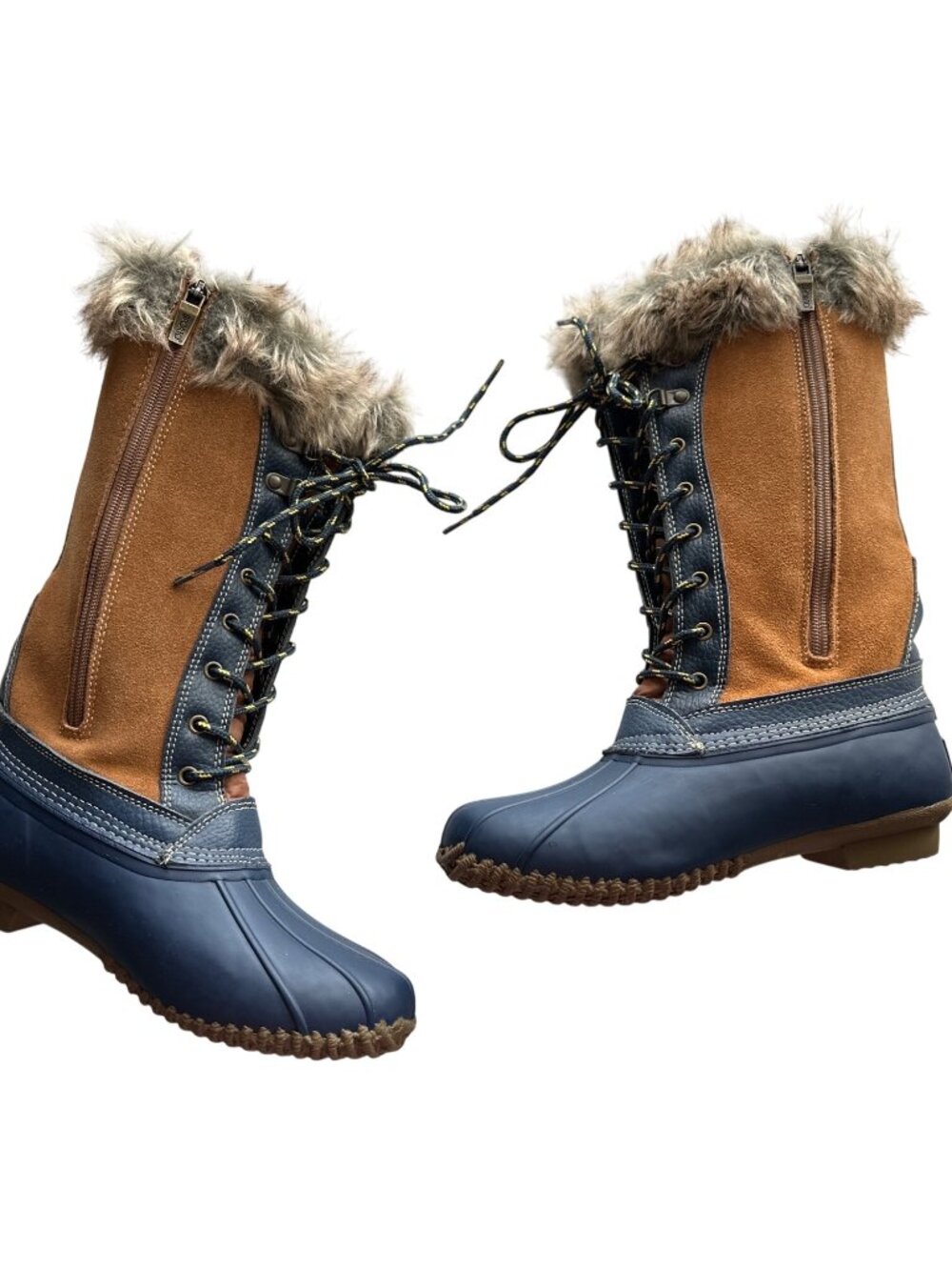 Duck Boots Lace Up Sporto Leather Tan Navy Fur Lined Waterproof Side Zip Size 7